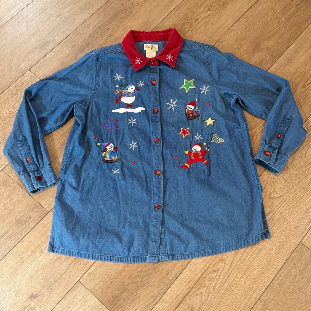 VTG Bobbie Brooks Embroidered Christmas Snowman Womens 14W 16W Denim Chambray